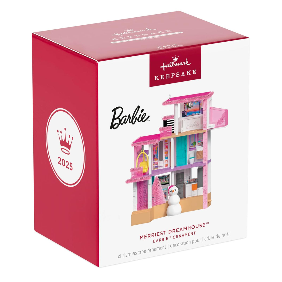 Hallmark - Adorno navideño de Recuerdo 2025, Barbie Merriest Dream House Musical con luz, Regalos para los Fans de Barbie