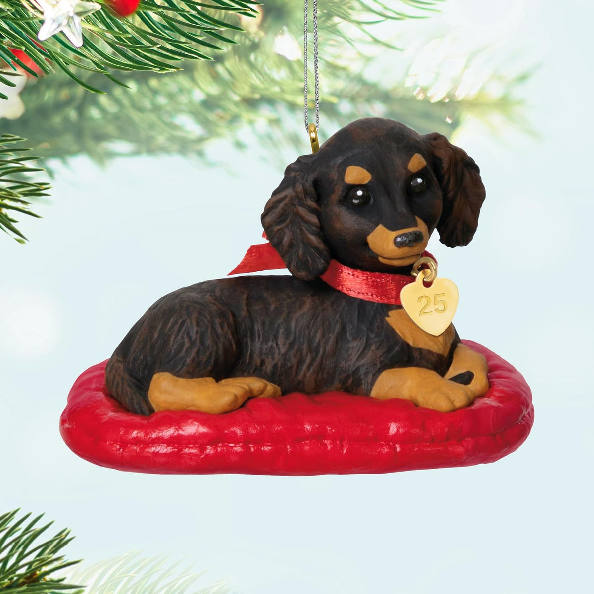 Hallmark - Adorno navideño de Recuerdo 2025, Cachorro Love Dachshund de Pelo Largo 2025, Regalos para Amantes de los Animales