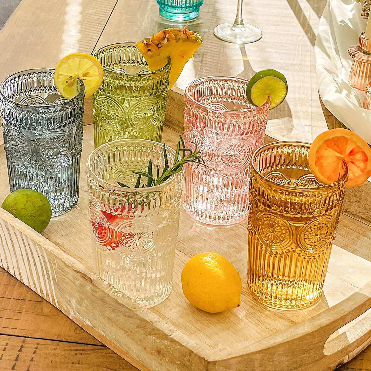 Juego de vasos de vidrio con relieve clásico de 6 a 13 onzas para agua, té helado, cócteles, cristalería de colores para cocina, vasos clásico, bonitos vasos de vidrio, vasos bohemios
