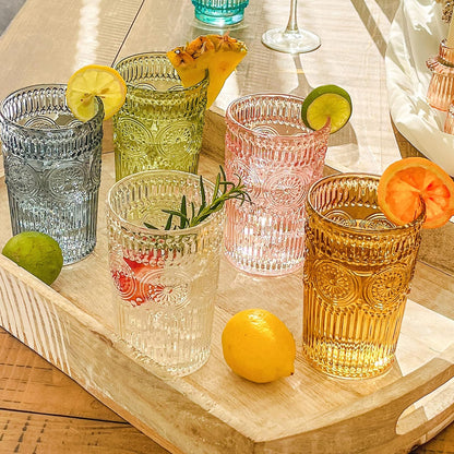 Juego de vasos de vidrio con relieve clásico de 6 a 13 onzas para agua, té helado, cócteles, cristalería de colores para cocina, vasos clásico, bonitos vasos de vidrio, vasos bohemios