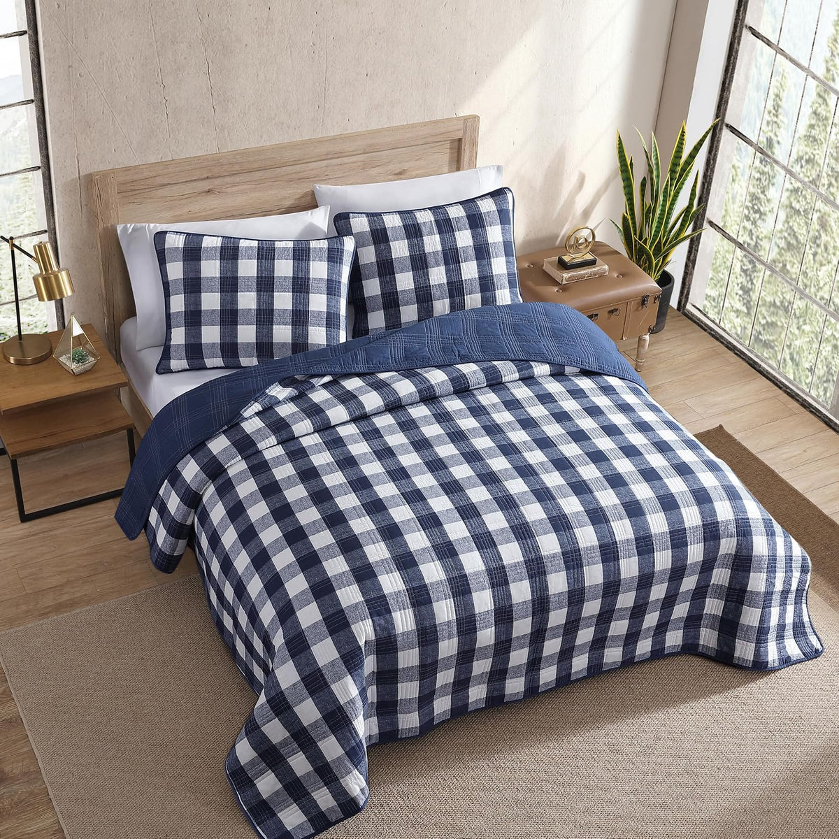 Eddie Bauer- Juego de edredón Queen, Ropa de Cama Reversible de algodón con Fundas a Juego, decoración del hogar para Todas Las Estaciones (Azul a Cuadros, Queen)