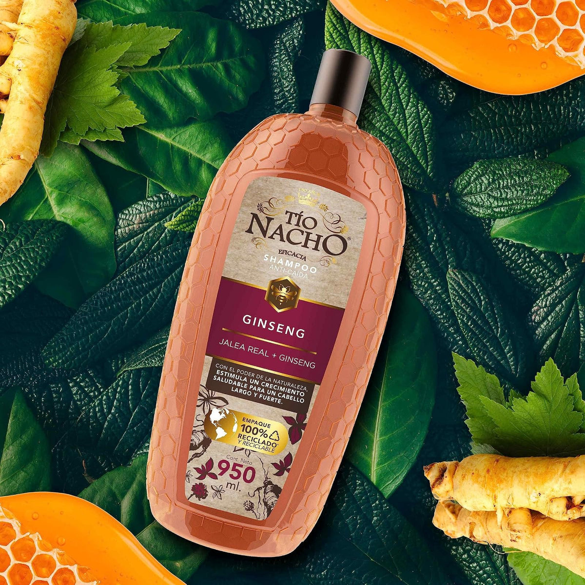 TÍO NACHO Shampoo Anticaída con Ginseng y Jalea Real, Estimula y Fortalece el Crecimiento del Cabello, Extractos de Romero, Aloe Vera y Jojoba, Ideal para la Caída del Cabello. Contiene una Botella con 950 ml