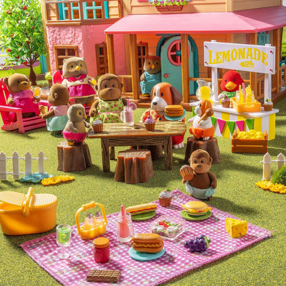 Li’l Woodzeez, Set de Picnic con osita y Cesta de Picnic, Picnic Playset | Set de 29 con osita, vestido, cesta, manta, platos, vasos, jarra y comida de juguete, Picnic Playset, 3 años y +
