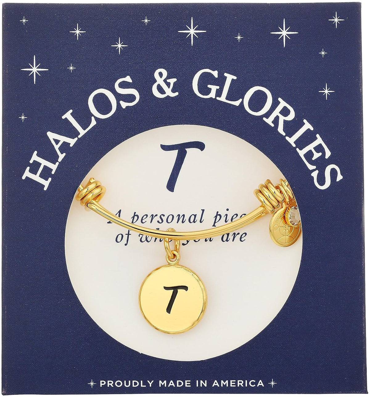 Halos & Glories, Initial T Shiny Gold Bangle Bracelet