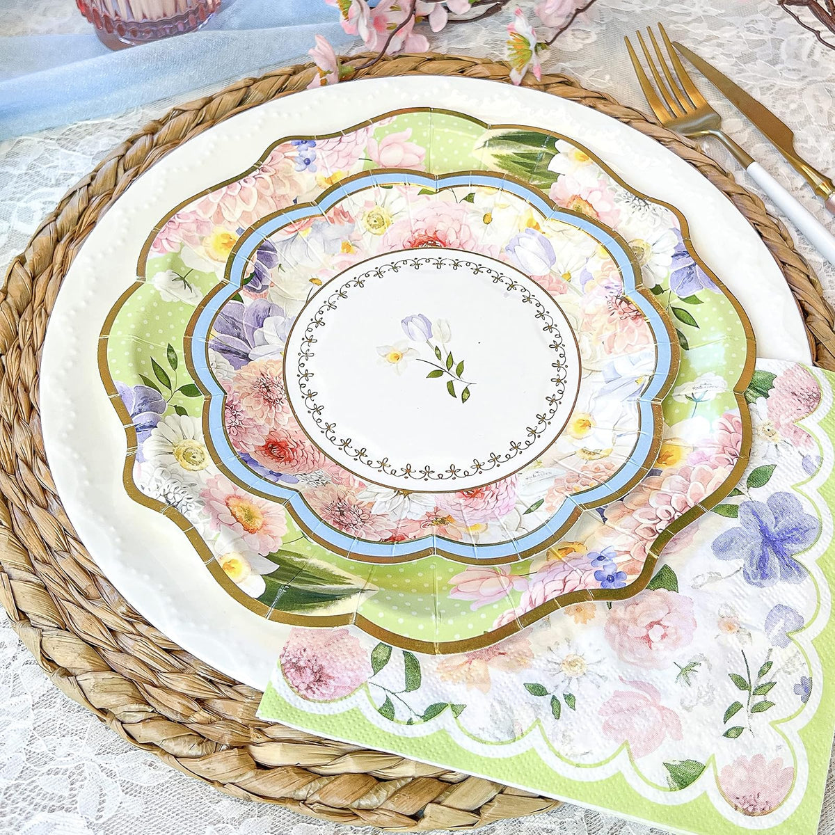 Kate Aspen - Juego de vajilla para decoración de fiesta de té (62 unidades, 16 invitados), coloridos suministros de fiesta en colores pastel para despedidas de soltera, baby shower, fiesta en el jardín, cumpleaños