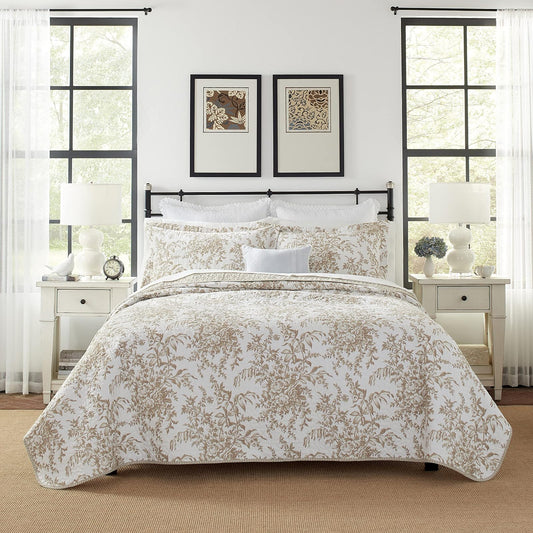 Laura Ashley - Juego de edredón de algodón Reversible con Fundas a Juego, decoración del hogar para Todas Las Estaciones (Bedford Mocha, Queen)