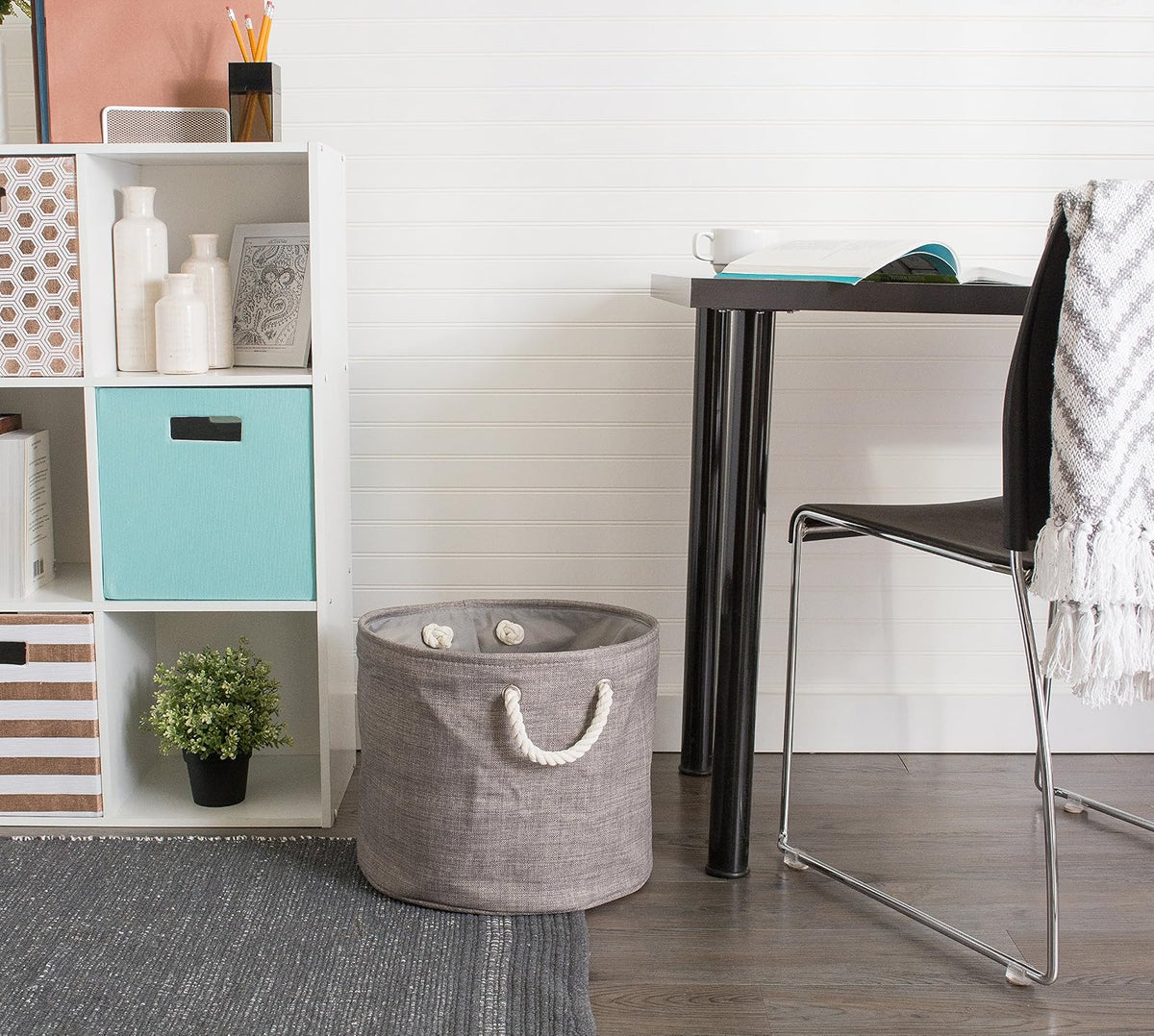 DII, Collapsible Variegated Polyester Storage Bin with Cotton Handles Medium Round Gray