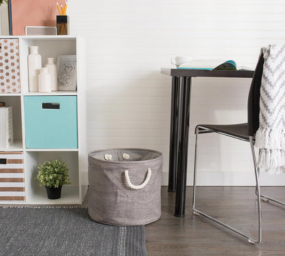 DII, Collapsible Variegated Polyester Storage Bin with Cotton Handles Medium Round Gray