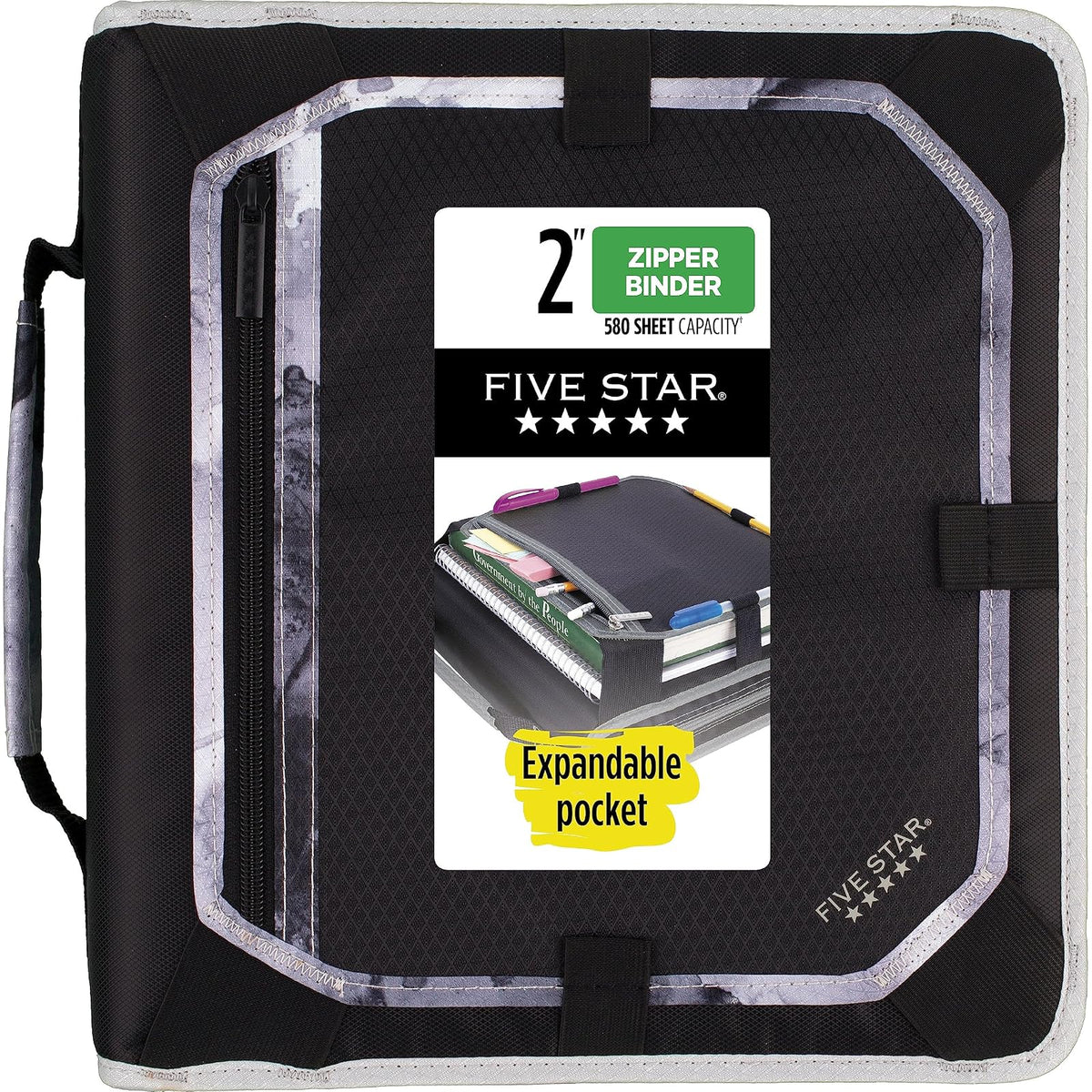 Five Star Carpeta de Tela con Cierre de 2" de 3 Argollas, Panel y Archivo Expandible y Organizador, Capacidad 580 Hojas. Negro-Gris. 29052IT8