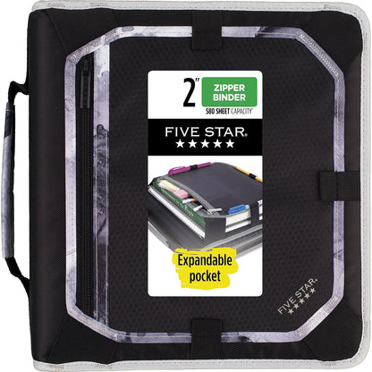 Five Star Carpeta de Tela con Cierre de 2" de 3 Argollas, Panel y Archivo Expandible y Organizador, Capacidad 580 Hojas. Negro-Gris. 29052IT8