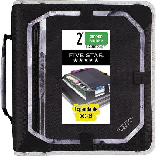 Five Star Carpeta de Tela con Cierre de 2" de 3 Argollas, Panel y Archivo Expandible y Organizador, Capacidad 580 Hojas. Negro-Gris. 29052IT8