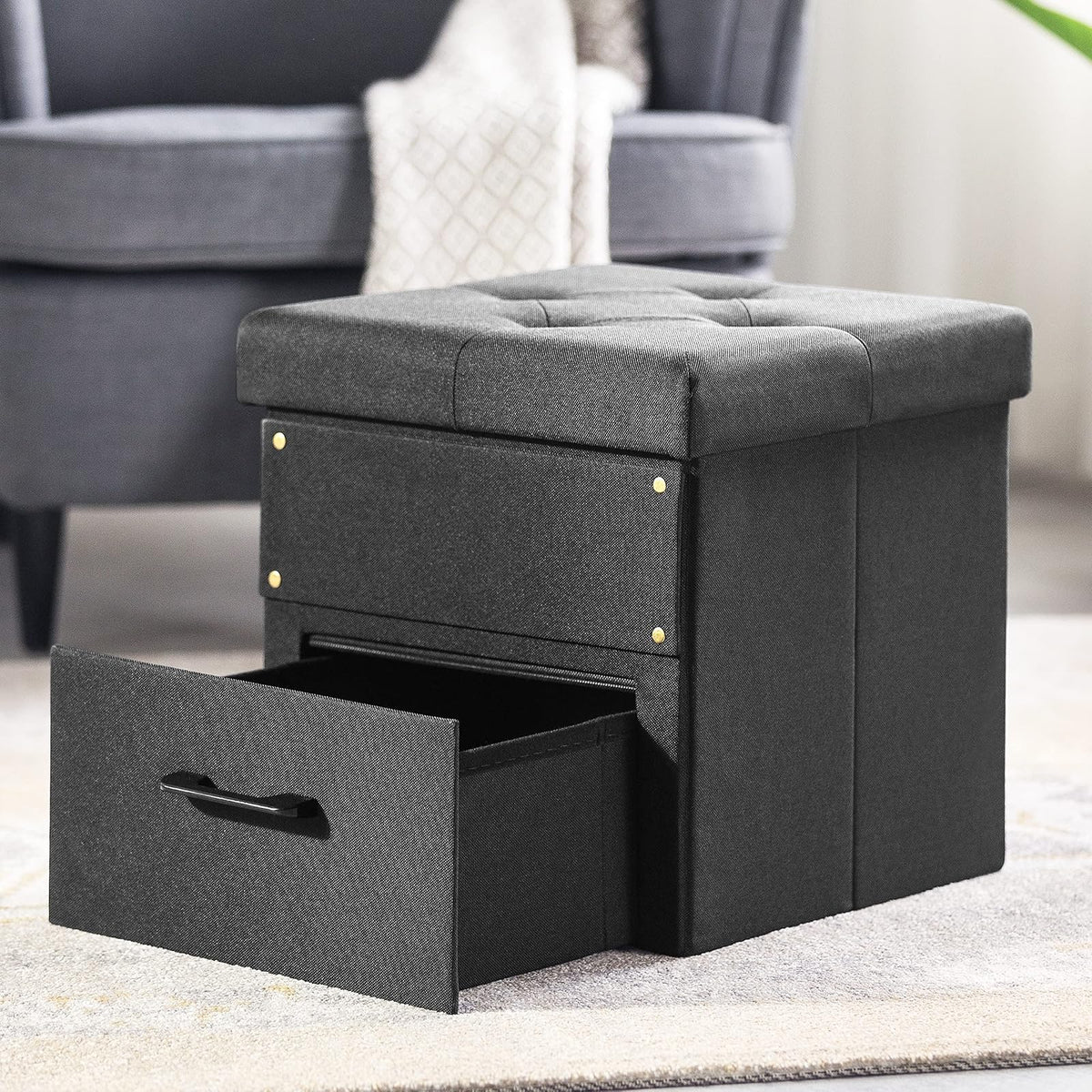 Otto & Ben Stockbox otomano con cajón de Almacenamiento, Taburete Plegable de 15 Pulgadas, Color Negro