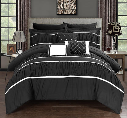 Chic Home CS2119-AN Cheryl - Edredón Completo de 10 Piezas, Plisado, con Volantes, Juego de sábanas, tamaño King, Color Negro