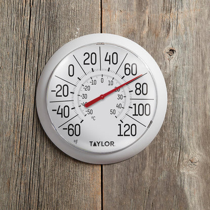 Taylor Big & Bold Termómetro con esfera para interiores y exteriores, decoración para patio, piscina o garaje, 8,5 pulgadas, bisel blanco
