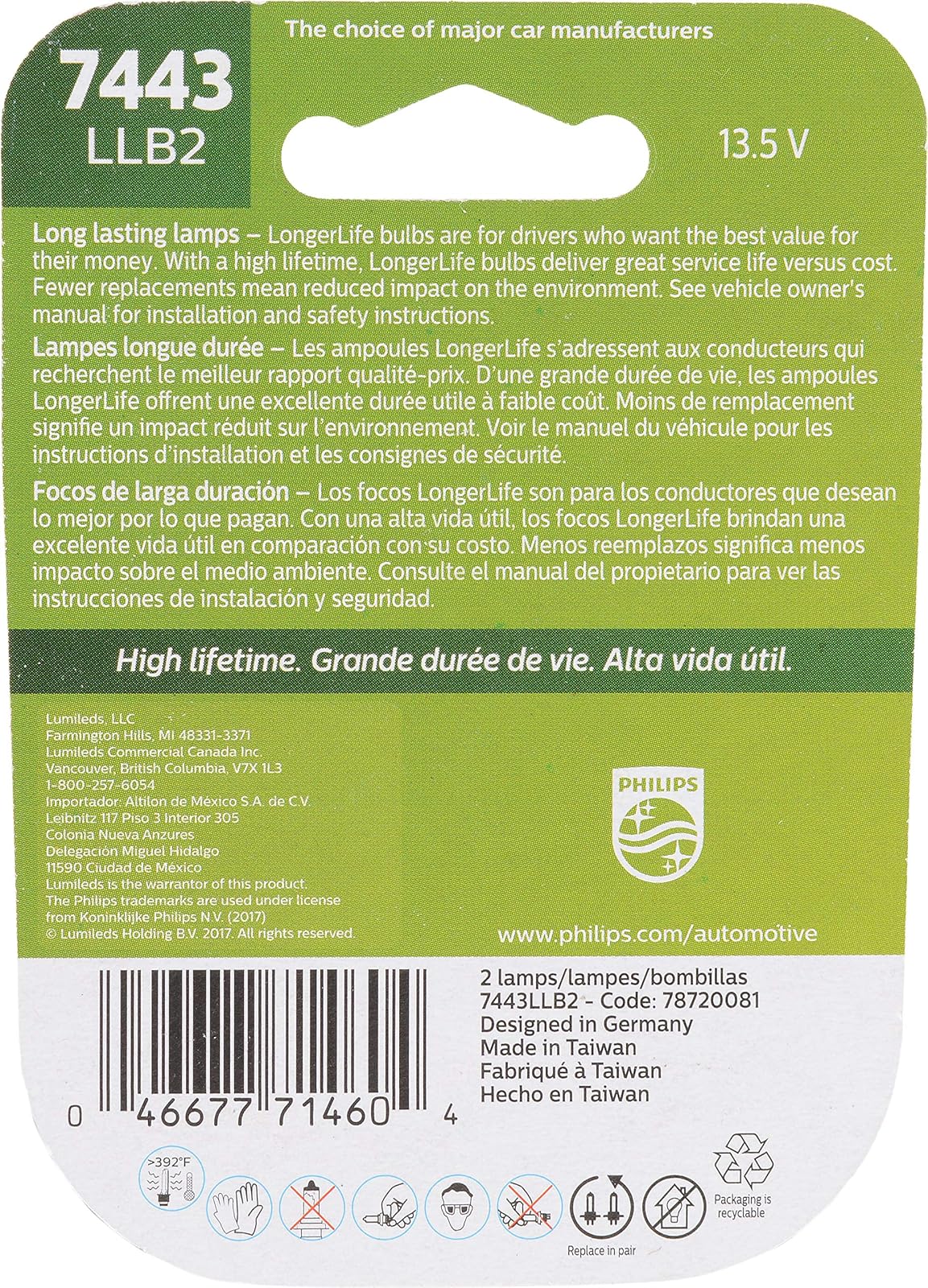 Philips Foco Miniatura de Larga Vida Útil, Paquete de 2, 7443LLB2, Blanco | Sustituye a BP7443LL. Reemplazo de grado OE.