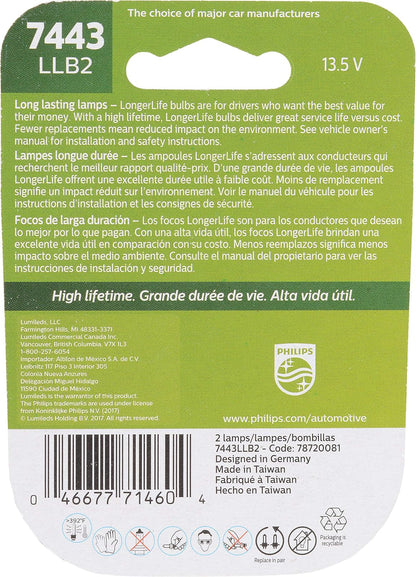 Philips Foco Miniatura de Larga Vida Útil, Paquete de 2, 7443LLB2, Blanco | Sustituye a BP7443LL. Reemplazo de grado OE.