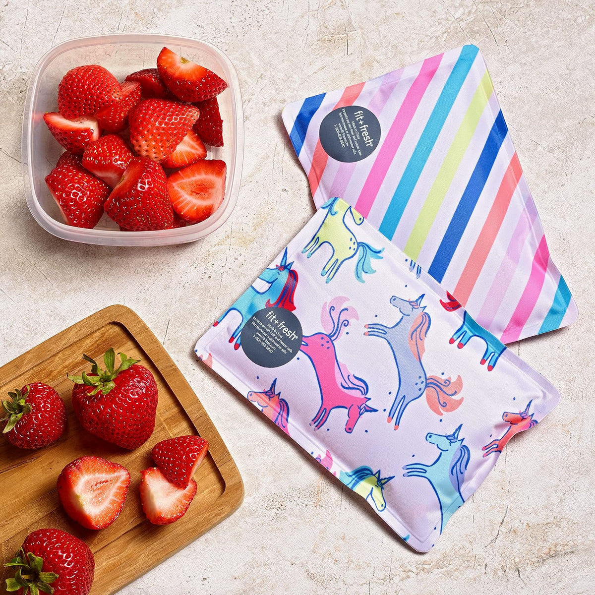 Cool Coolers by Fit & Fresh - Paquete de 2 Unidades de Hielo Suave, Nailon elástico Flexible, Bolsas de Hielo Reutilizables para loncheras y enfriadores, Rayas de Unicornio