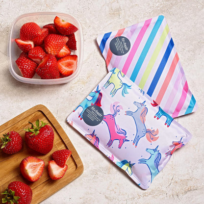 Cool Coolers by Fit & Fresh - Paquete de 2 Unidades de Hielo Suave, Nailon elástico Flexible, Bolsas de Hielo Reutilizables para loncheras y enfriadores, Rayas de Unicornio