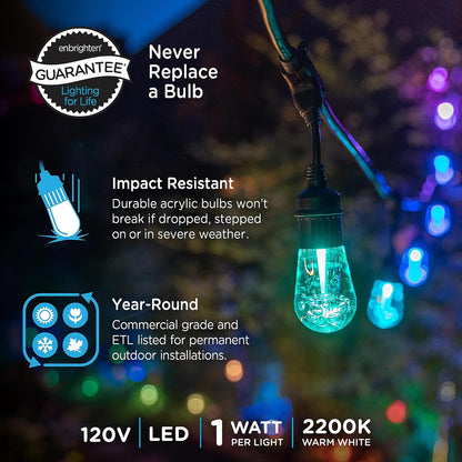 Enbrighten 37791 - Cadena de luces clásico para exteriores, 25 pies, 12 bombillas acrílicas RGB, resistente a la intemperie, control remoto RF, perfecto para día festivo, día de partido, fiestas y