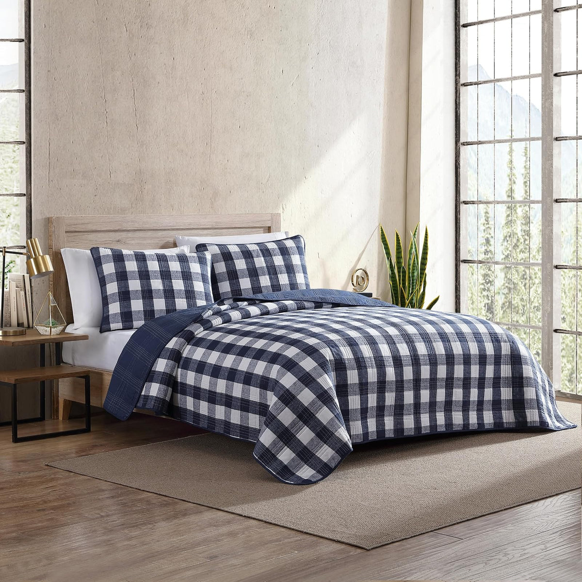 Eddie Bauer- Juego de edredón Queen, Ropa de Cama Reversible de algodón con Fundas a Juego, decoración del hogar para Todas Las Estaciones (Azul a Cuadros, Queen)