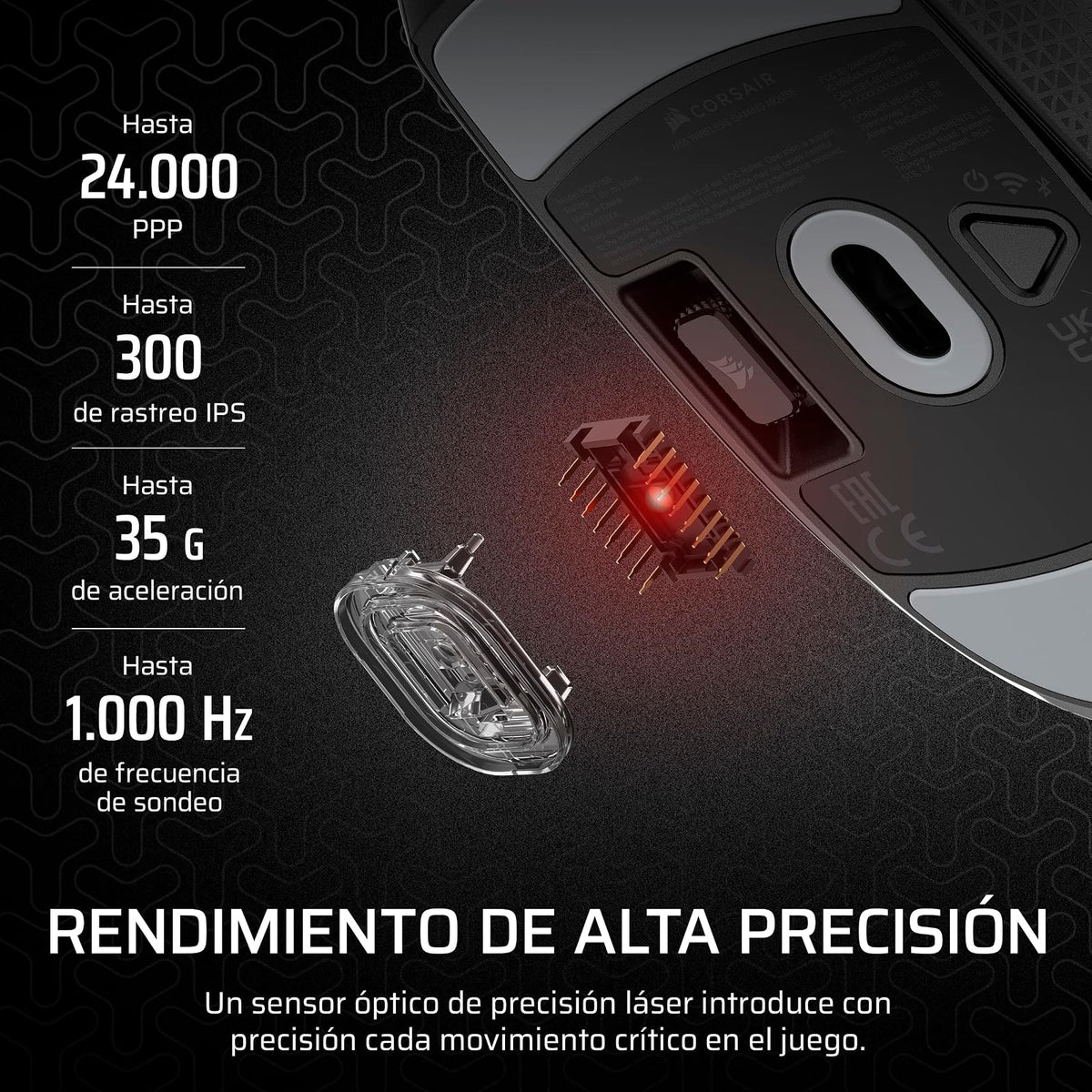 Corsair M55 Wireless Ratón Ligero para Juegos FPS – 2.4GHz & Bluetooth – 24,000 PPP – Batería de Larga Duración – Seis Botones Programables – Empuñaduras Laterales Texturizadas – Negro