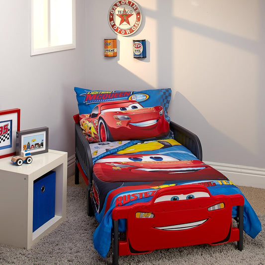 Disney Cars Rusteze Racing Team - Juego de Ropa de Cama para niños pequeños, 4 Piezas, Azul/Rojo/Amarillo/Blanco