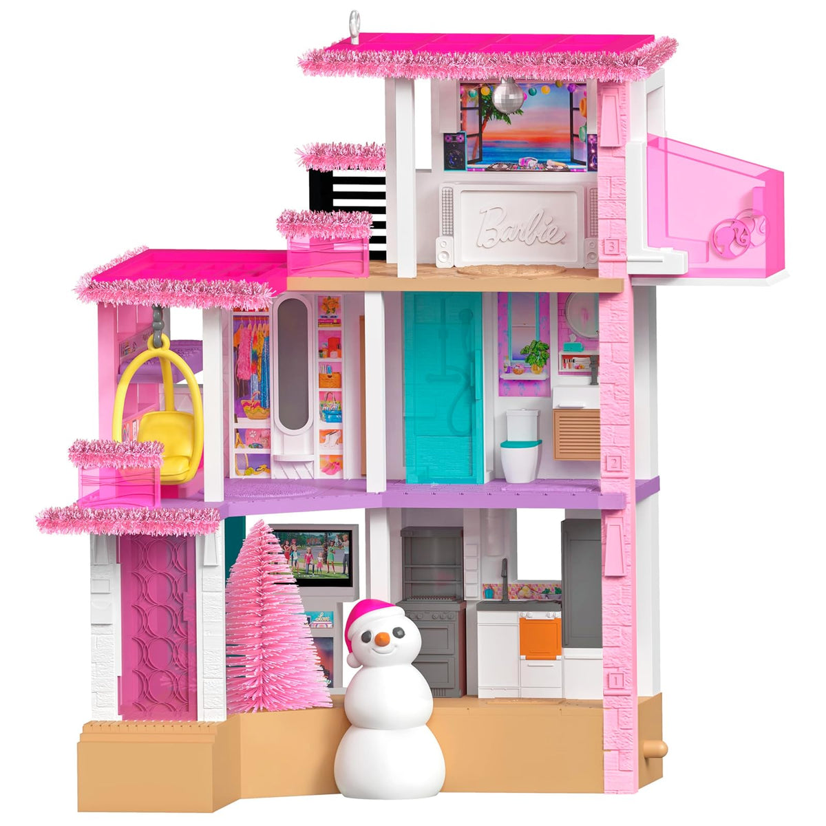 Hallmark - Adorno navideño de Recuerdo 2025, Barbie Merriest Dream House Musical con luz, Regalos para los Fans de Barbie