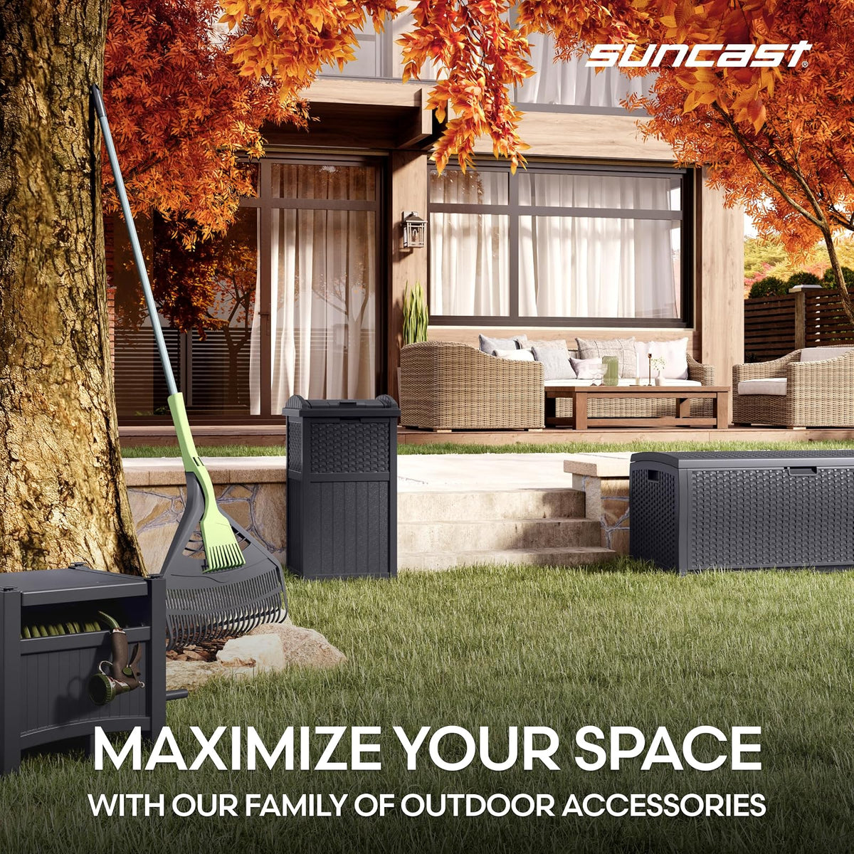 Suncast - Papelera de mimbre de 33 galones con tapa de cierre seguro y construcción resistente a la intemperie para patio, gris ciberespacio, fabricado en los Estados Unidos