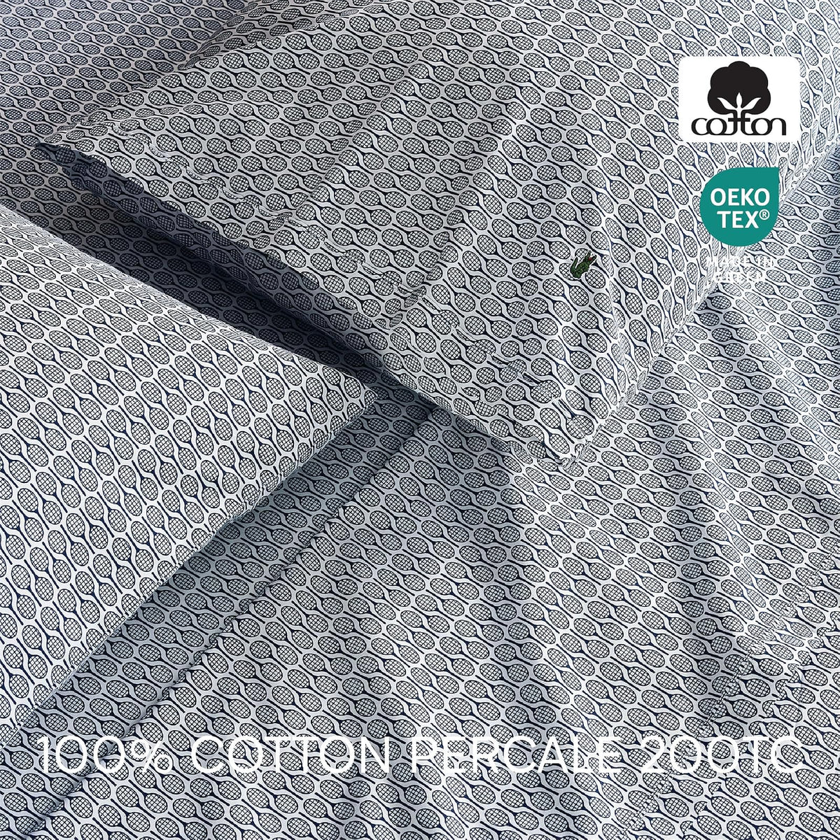 Lacoste Racquets - Sábana de 4 Piezas 100% algodón percal – Fresco, crujiente, Mate y Duradero, Certificado Oeko-Tex, Estampado, Azul Marino, tamaño matrimonial