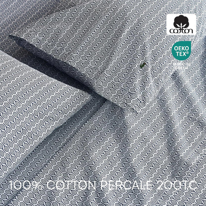 Lacoste Racquets - Sábana de 4 Piezas 100% algodón percal – Fresco, crujiente, Mate y Duradero, Certificado Oeko-Tex, Estampado, Azul Marino, tamaño matrimonial