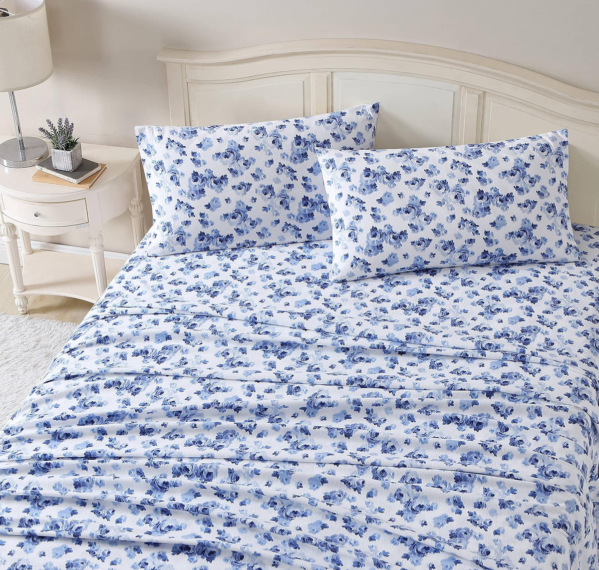 Laura Ashley - Juego de sábanas Queen, Ropa de Cama de Franela de algodón, Cepillado para Mayor suavidad y Comodidad (Azul Emelisa, Queen)