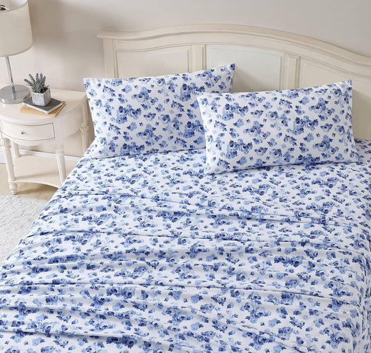 Laura Ashley - Juego de sábanas Queen, Ropa de Cama de Franela de algodón, Cepillado para Mayor suavidad y Comodidad (Azul Emelisa, Queen)