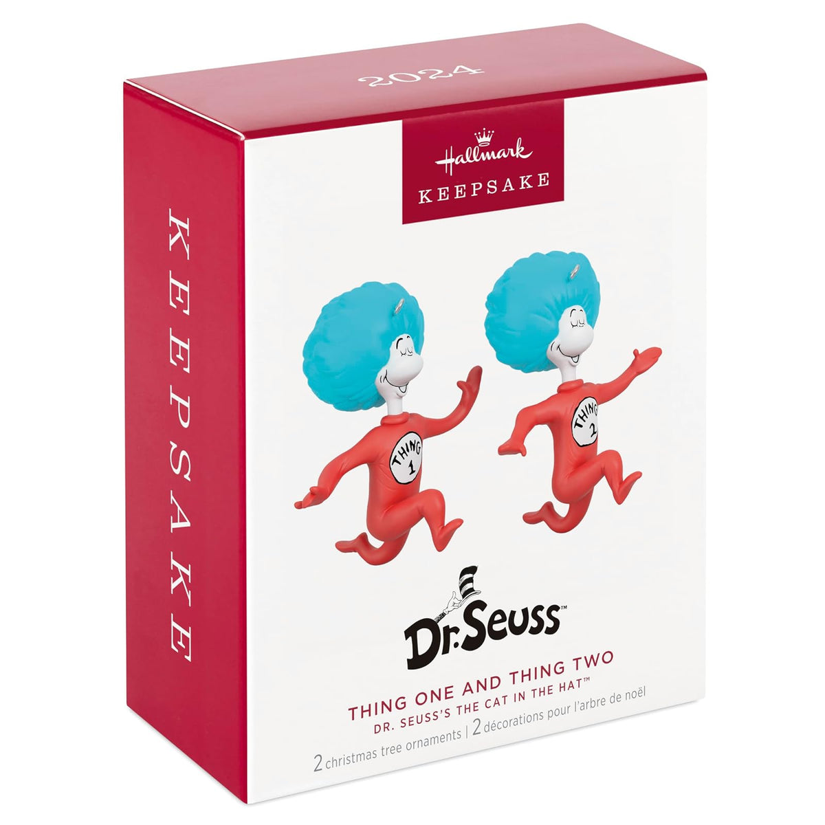 Hallmark - Adornos navideños de Recuerdo 2024, Dr. Seuss's The Cat in The Hat Thing One and Thing Two, Juego de 2, Regalos para los fanáticos del Dr. Seuss
