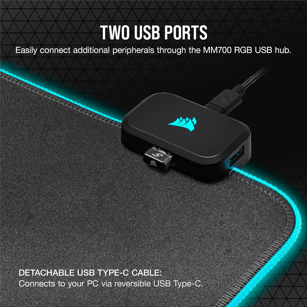 Corsair MM700 RGB Alfombrilla de Ratón para Juegos de Tela Extendida - 930mm x 400mm - Iluminación RGB de 360° - Concentrador con Dos Puertos USB - Goma Gruesa - Negro