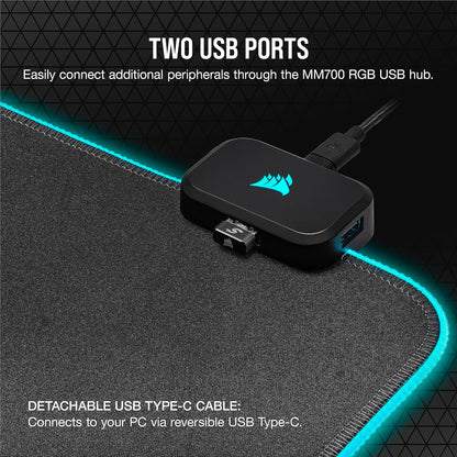 Corsair MM700 RGB Alfombrilla de Ratón para Juegos de Tela Extendida - 930mm x 400mm - Iluminación RGB de 360° - Concentrador con Dos Puertos USB - Goma Gruesa - Negro