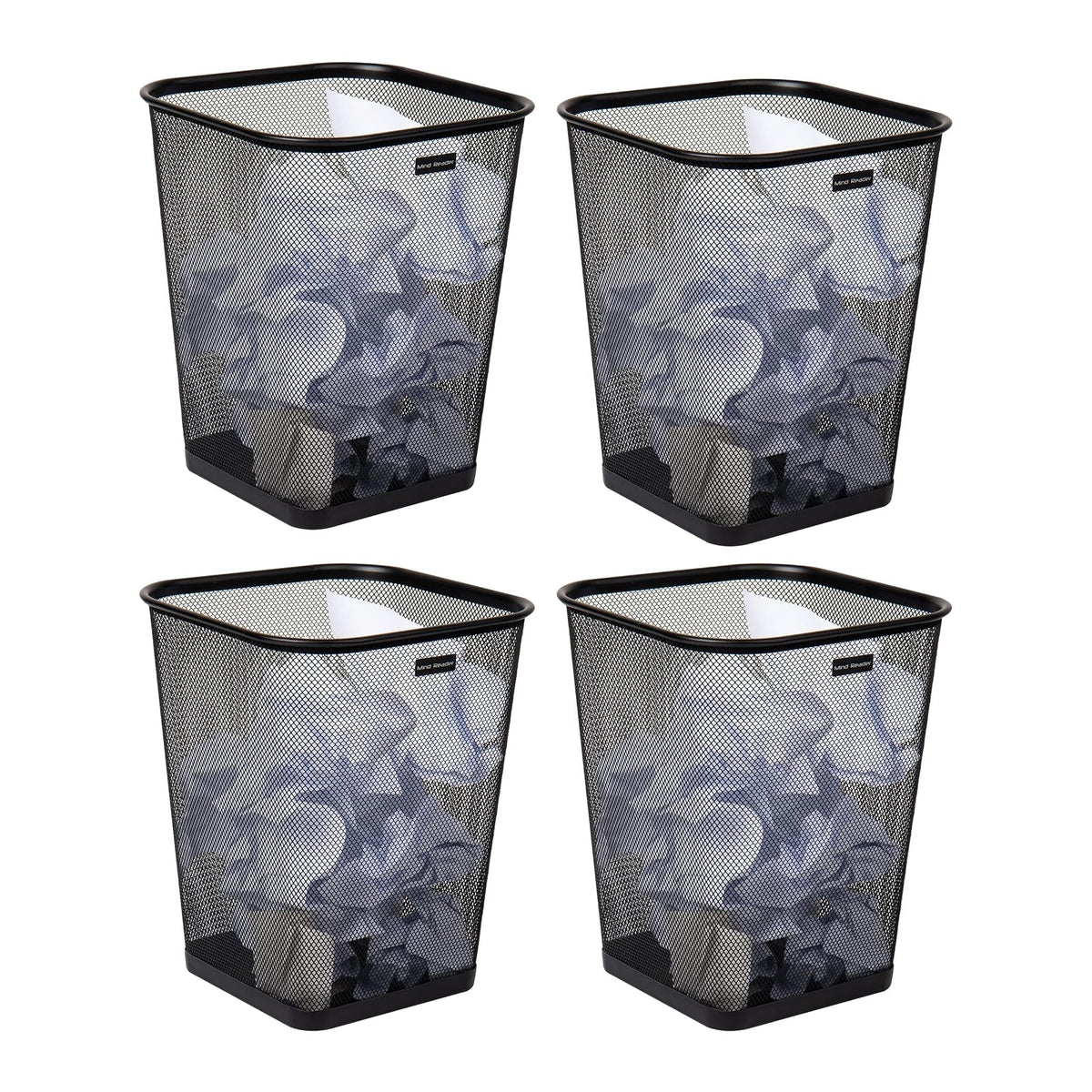 Mind Reader Mesh Trash Can, Waste Paper Basket, Square, Office, Metal Mesh, 9.75" L x 9.75" W x 12.25" H, Set of 4, Black