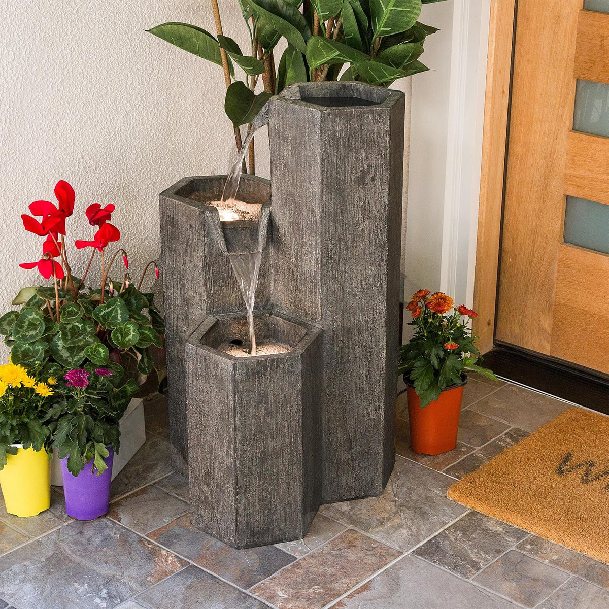 Alpine Corporation GIL1480 Fuente Cascada Hexagonal de Piso para Exteriores, Fuente de Agua Moderna de Piedra Envejecida de 25", Gris