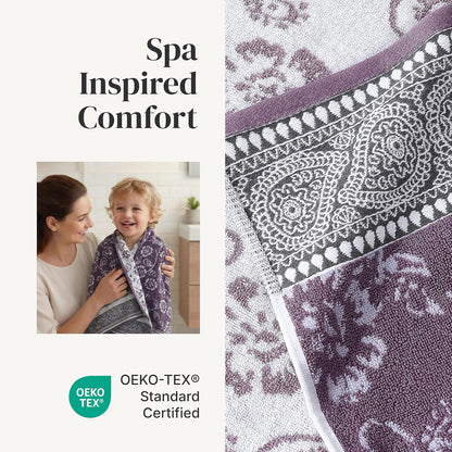 Modern Threads - Juego de 6 Piezas, 2 Toallas de baño, 2 Toallas de Mano, 2 paños de baño teñidos de Jacquard/Toallas sólidas, Ofelia orquídea
