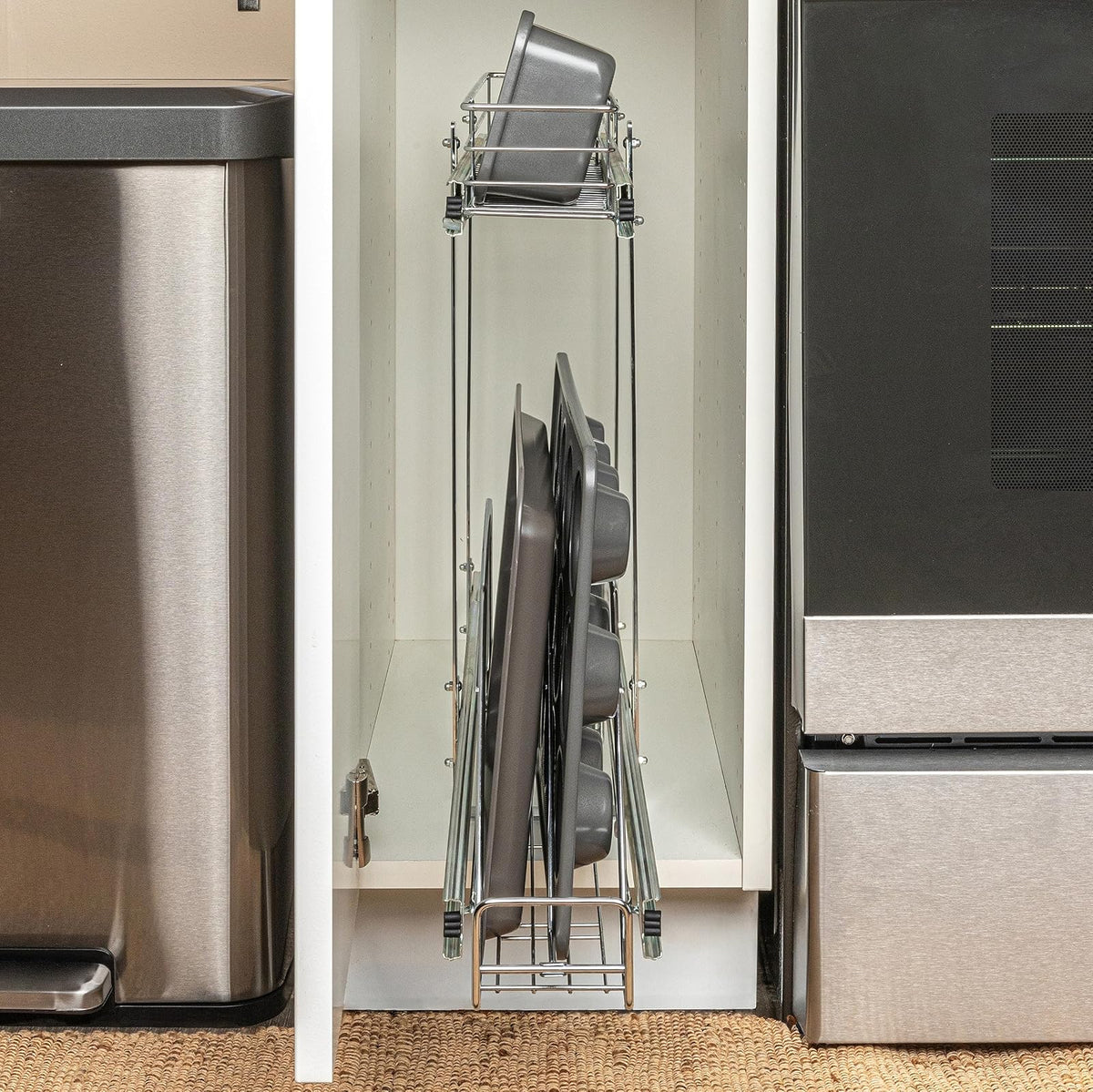Household Essentials Glidez Organizador de almacenamiento multiusos de acero chapado en cromo extraíble y deslizable para utensilios de cocina y utensilios de hornear, diseño de 2 niveles, se adapta a