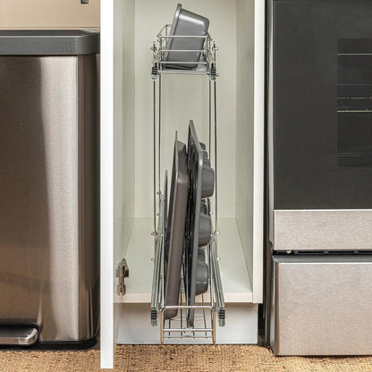 Household Essentials Glidez Organizador de almacenamiento multiusos de acero chapado en cromo extraíble y deslizable para utensilios de cocina y utensilios de hornear, diseño de 2 niveles, se adapta a