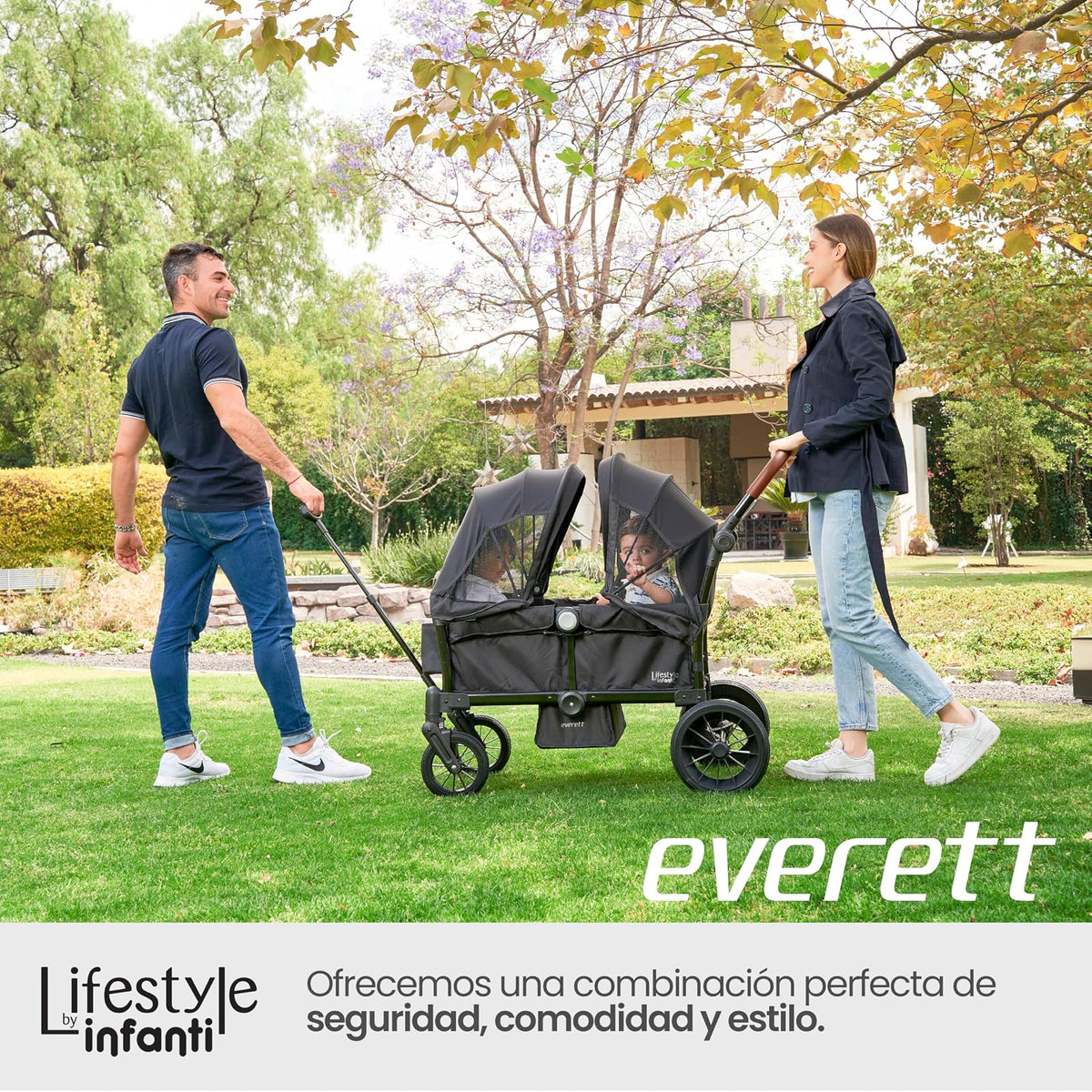 INFANTI | Vagón EVERETT Doble | Soporta 50 kg | Asientos Seguros Toldos Desmontables | Mango Ajustable | Ruedas con Amortiguación | Frenos Integrados | Plegado Compacto | Color Negro