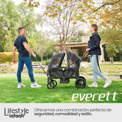 INFANTI | Vagón EVERETT Doble | Soporta 50 kg | Asientos Seguros Toldos Desmontables | Mango Ajustable | Ruedas con Amortiguación | Frenos Integrados | Plegado Compacto | Color Negro