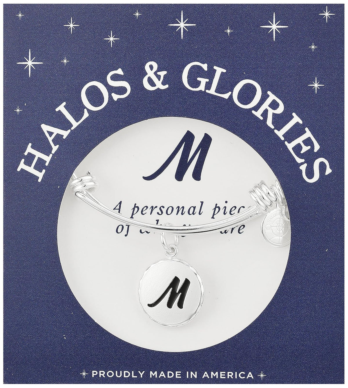 Halos & Glories, Initial M Shiny Silver Bangle Bracelet