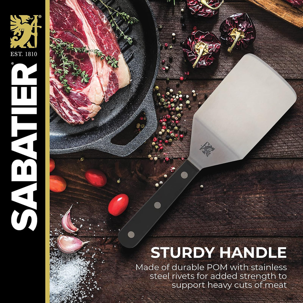 SABATIER - Espátula de acero inoxidable de 9.625 pulgadas para hierro fundido, plancha y parrilla, utensilios de cocina de grado profesional