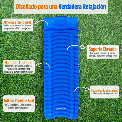 SereneLife Colchoneta Inflable para Dormir Almohada Incorporada, Resistente a Desgarros, Bolsa de Transporte para Camping, Senderismo y Excursionismo