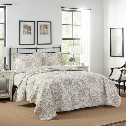 Laura Ashley - Juego de edredón de algodón Reversible con Fundas a Juego, decoración del hogar para Todas Las Estaciones (Bedford Mocha, Queen)