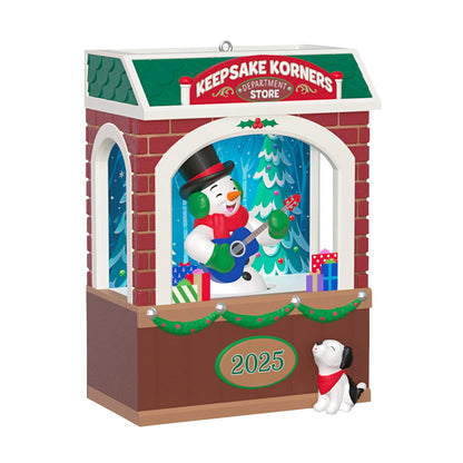 Hallmark - Adorno navideño de Recuerdo 2025, Rockin' Window Shopping 2025 Musical con luz y Movimiento, Regalos de coleccionista de muñeco de Nieve