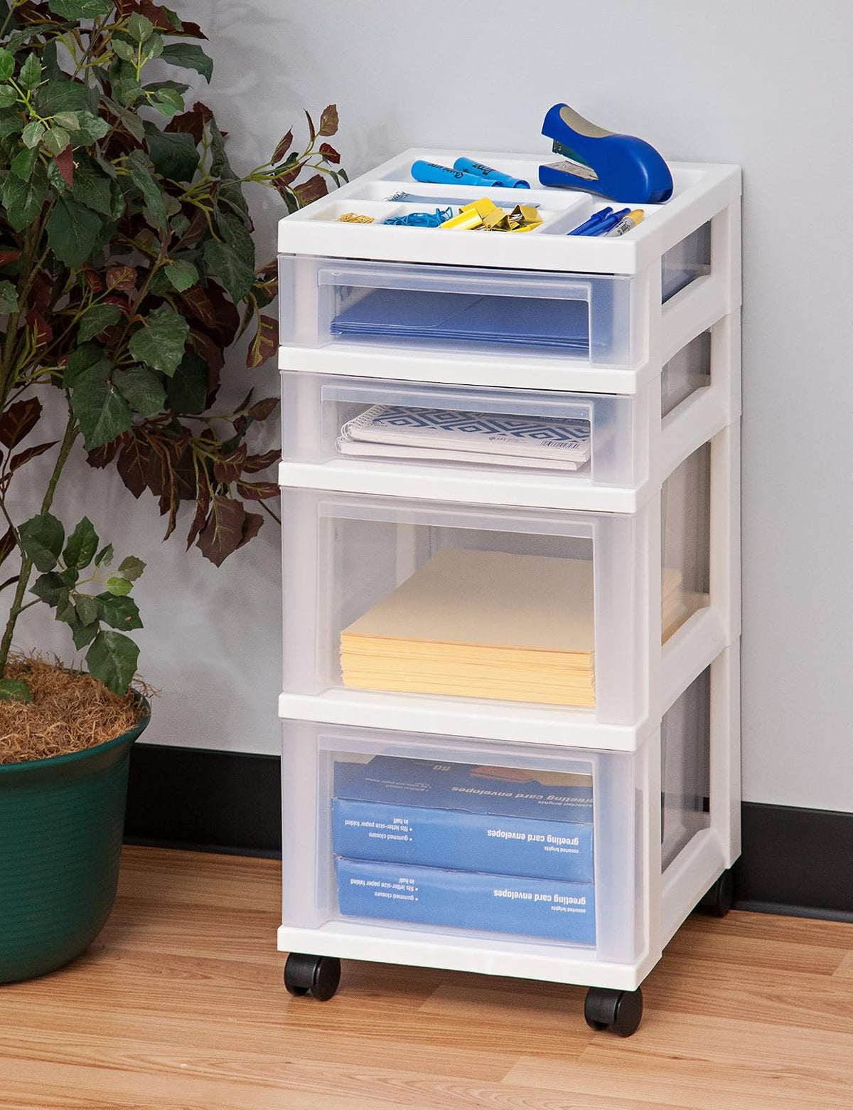 IRIS USA Carrito Organizador con Ruedas de 4 Cajones, Blanco/Transparente | Organiza manualidades, artículos de oficina, salón y accesorios con cajones de fácil acceso para uso diario