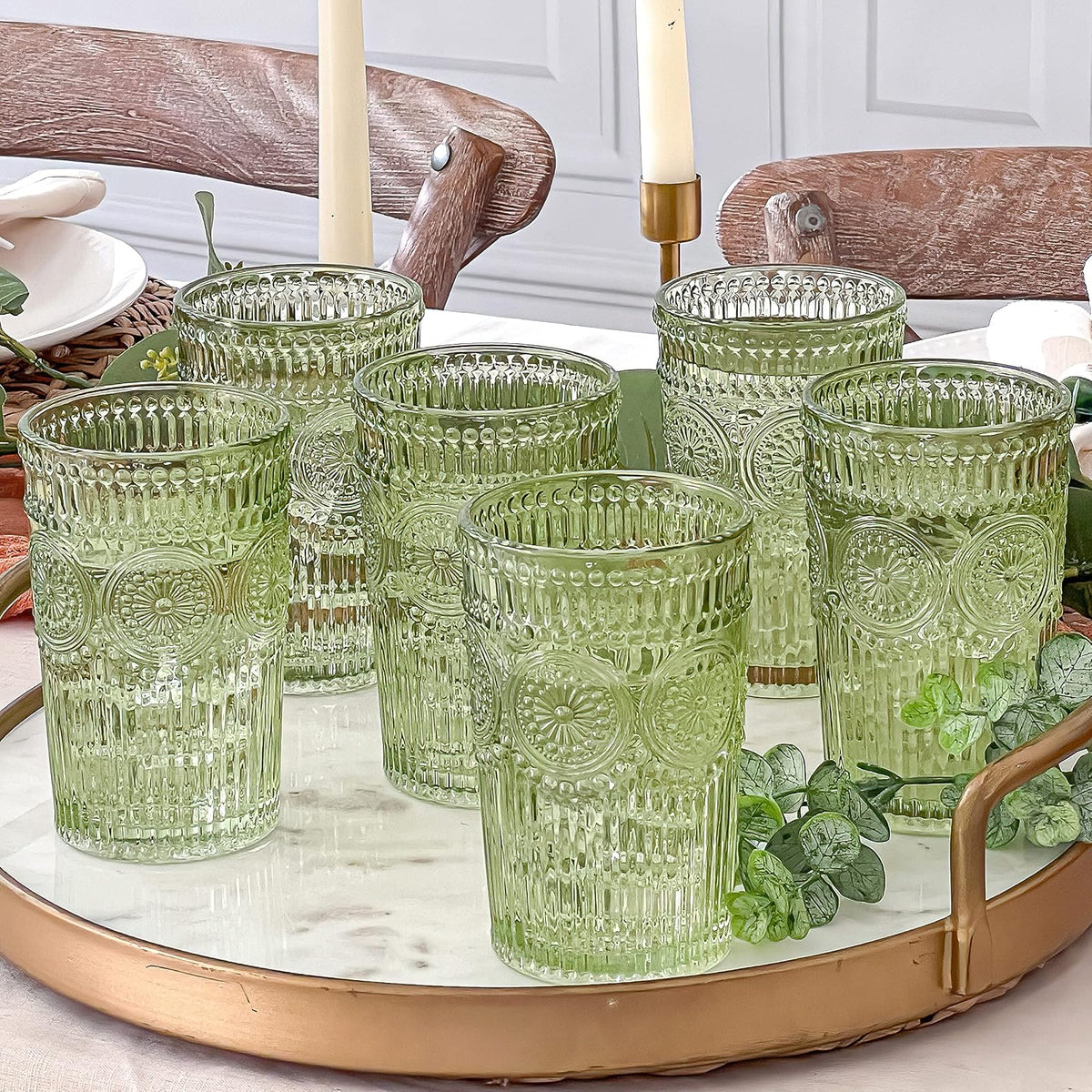 Juego de vasos de vidrio con relieve clásico de 6 a 13 onzas para agua, té helado, cócteles, cristalería de colores para cocina, vasos clásico, bonitos vasos de vidrio, vasos bohemios