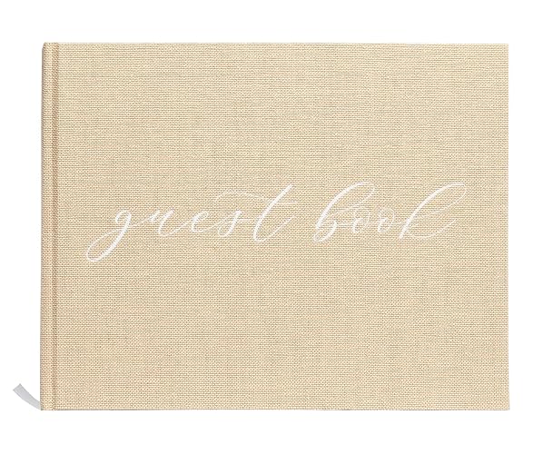 Pearhead Libro de visitas de boda de lino beige con escritura blanca, boda elegante, decoración de boda simple, regalo de despedida de soltera, marfil
